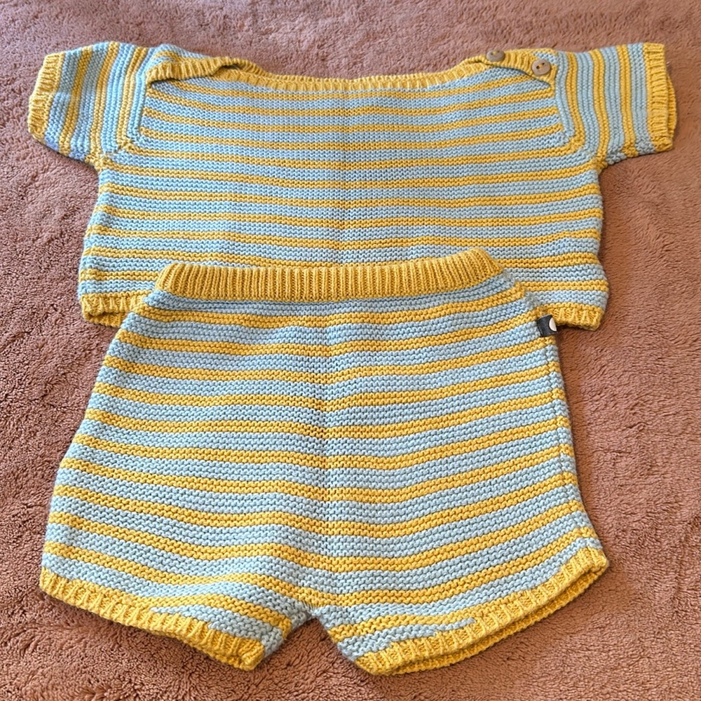 Oeuf knit set. Yellow and sky blue stripes. 100% cotton. Size 6-12 months.